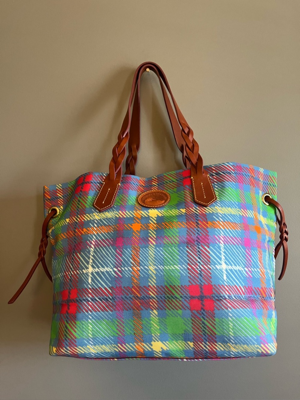 Dooney & Bourke Gorgeous Colorful Plaid Tote Bag with Braided Leather Handles